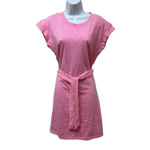 J Crew Factory T Shirt Dress Bubble Gum Pink Tie Waist Cap Sleeves Cotton Size S